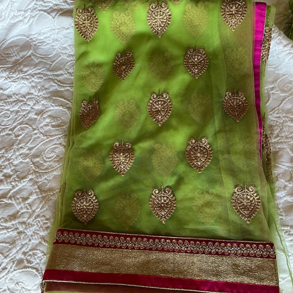 Lime Green Pink Net Saree Gold Zari Buti Motif Contrast Border Wedding - Picture 4 of 16